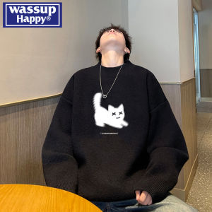Wassup Happy Mens Winter Thickened Cat Print Knitwear Loose Base Layer Casual Style Long Sleeve round Neck Warm Top