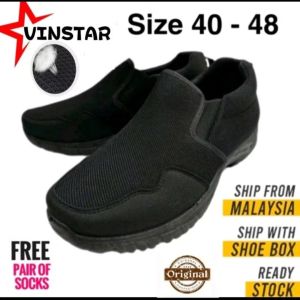 Vinstar Extra Large Men Slip OnSport Shoes Black Trainer Hiking Kasut Man=9088