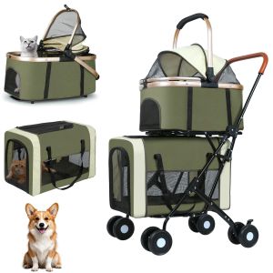 Lovinland Pet Double Dog Stroller for 2 Dogs Detachable Carriers Safety Belt 4 Lockable Wheels Pet Travel Carrier Strolling Cart Folding Cat Stroller for Small Medium Pets Dogs