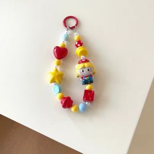 Sanrio | Fashion Sanrio Hello Kitty Denim Outfit Beaded Phone Wrist Strap Cute Red Yellow INS Handmade Bead Keychain Bag Pendant Lanyard