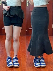 พรางหุ่น สูง เอว เดนิม หางปลา กระโปรง กระโปรงยาวปานกลาง สําหรับตัวทรงลูกแพร์ หวาน สไตล์วิทยาลัยสีบริสุทธิ์ ฤดูใบไม้ผลิ แฟชั่น