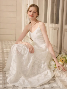 XIANGYING | Vacation Style V-Neck Halter Dress White