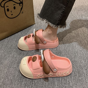 ผู้หญิง ฤดูร้อน การ์ตูน รองเท้าแตะสุนัขทองหนาด้านล่าง กันลื่น รองเท้าแตะชายหาด น่ารัก ส้นกลางวัสดุ Pu สไตล์คาวาอิ