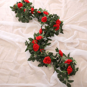 Artificial Rose Silk Hanging Flowers Wedding Wreath Wall Arch Festival Rattan Fake Plants Outdoor Yard Garland Home Room Decora
