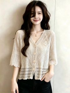UV Protection Summer Sleeve Half Cover V-neck Slimming Lace Shirt