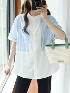 plus Size Short Sleeve Shirt Womens Loose Chiffon Summer Shoulder Line Fashion Japanese Style Striped Patchwork Stand Collar Half Sleeve Top