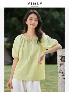Vimly | Bubble Sleeve Tie Front Loose Fit Summer Shirt