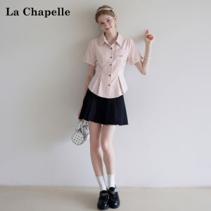 La Chapelle | Summer Pink Polo Collar Short Sleeve Tailored Waist Shirt