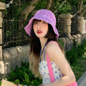 Handwoven Straw Hat Womens Summer Korean Style Foldable Hollow out Beach Sun Protection Fishing Boat Cap Casual round Top