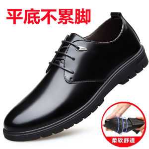 Genuine Soft Leather Mens Shoes Casual Business Formal Flat Bottom Shiny Pointed Toe Invisible Heightening Large Size Summer
