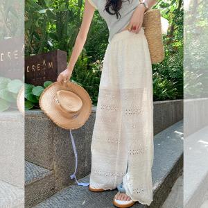 Lace Embroider Cut Out Wide-Leg Straight Pants Womens Spring and Summer New Arrival High Waist Versatile Slimming Casual Pants Cool Pants