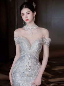 ชุดแต่งงานสายเดี่ยวไหล่ ชุดราตรีสุดหรูหรา ชุดแต่งงานแบบเกาะอก เดรสยาว ชุดกินข้าวกลางคืน ชุดราตรี ชุดเจ้าสาว