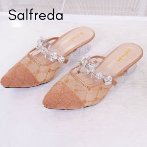 Sepatu Sandal Pesta Wanita Kondangan Terbaru Impor Korea Brukat 3 cm Kaca Pernikahan Wedding DV28001