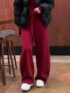 Red High Waist Slim Straight Casual Pants Womens plus Size Winter New Street Sport Lazy Versatile Style Long Trousers