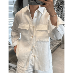 Autumn 2025 Mens Loose Fit Long Sleeve Pure Linen Shirt Double Pocket High End Design Casual Style Luxury Minimalist Coat