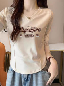 เสื้อยืดคอกลมแขนยาวผ้าฝ้ายแท้ Pure Cotton V-neck Long Sleeve Womens Top Spring Autumn 2025 New Fishbone Short Base Shirt Trendy