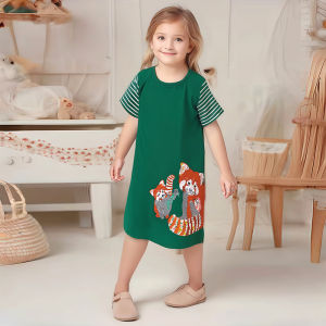 Little Maven Cartoon Short Sleeve Girls Dress Summer Cotton Patchwork Embroidery Pure Cotton Childrens Skirt Kids Clothing