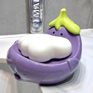 New Home 100pc Ceramic Eggplant Soap Dish Draining Storage Box: Cute Creative Soap Holder Bathroom Organizer Kids Friendly