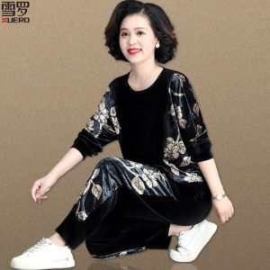 Fashionable Autumn/Spring Two-Piece Suit for Middle-Aged Moms: Golden Silk Velvet Sportswear with Pocket and Round Collar