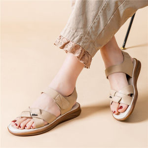 SHIPAILUO | Leather Mom Sandals Comfortable Flat Bottom Anti-Slip Soft Sole Large Size Cow Tendon Bottom Mid-Aged Women Casual Fashion