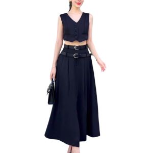 P024-005 3 Piece Sleeveless V Button Front Top And Side Pockets Slit Front Pleate Long Skirt With Double Belt Set