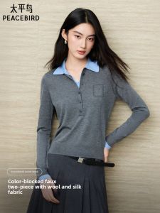 PEACEBIRD | Contrast Color Layered Style Knitted Sweater Silk-Wool Blend Collared