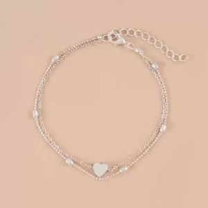 Bohemian Double Layered Heart Anklet Simple Love Design Summer Beach Foot Ankle Bracelet & Leg Chain for Women