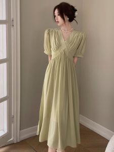 French Elegant V-neck Matcha Green Dress Summer plus Size Slimming Tummy Covering A-line Long Dress Korean Style High Waist Short Sleeve