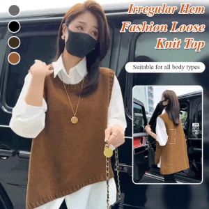 เสื้อกั๊กถักไหมพรมดีไซน์ไม่สมมาตร เสื้อไหมพรมแฟชั่น เสื้อกั๊กไหมพรม แฟชั่นสไตล์เกาหลี สำหรับผู้หญิ