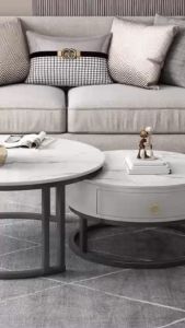 Bàn trà đôi Sofa phòng khách mặt đá tròn có hộp 1 ngăn chân kim loại sơn tĩnh điện hiện đại sang trọng