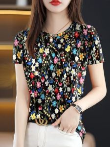 Áo Thun Nữ Dáng Rộng in Họa Tiết Mùa Hè 2025 Tay Ngắn Che Bụng Cổ Tròn Thường Ngày Bằng Polyester Phong Cách Hàn Quốc