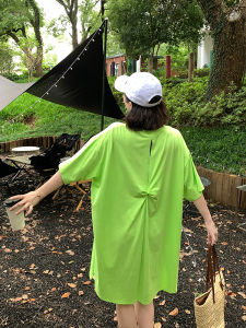 Loose Cotton T-Shirt Womens Short Sleeve Mid-Length Casual Style Pure Color round Neck Five-Sleeve Design Summer Top