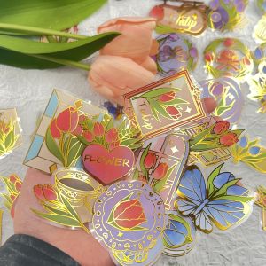 50PCS Tulip Flowers Gold Foil Stickers PET Plant Floral Sticker Waterproof DIY Decoration Notebook Suitcase Guitar Phone Decals