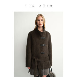 Sculptured Feel Loop Mohair Wool Stand Collar Leather Buckle Belt Saddle Shoulder Long Coat