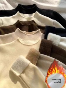 Womens Fleece Lined Thickened Winter Base Shirt Half High Collar One Piece Velvet Warm Top Korean Style Slim Fit Knitted Sweater