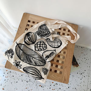 Cotton Linen Single Shoulder Bag Artistic INS Large Tree Leaf Print Shopping Bag for Women Soft Open Pocket Japanese Chic Style