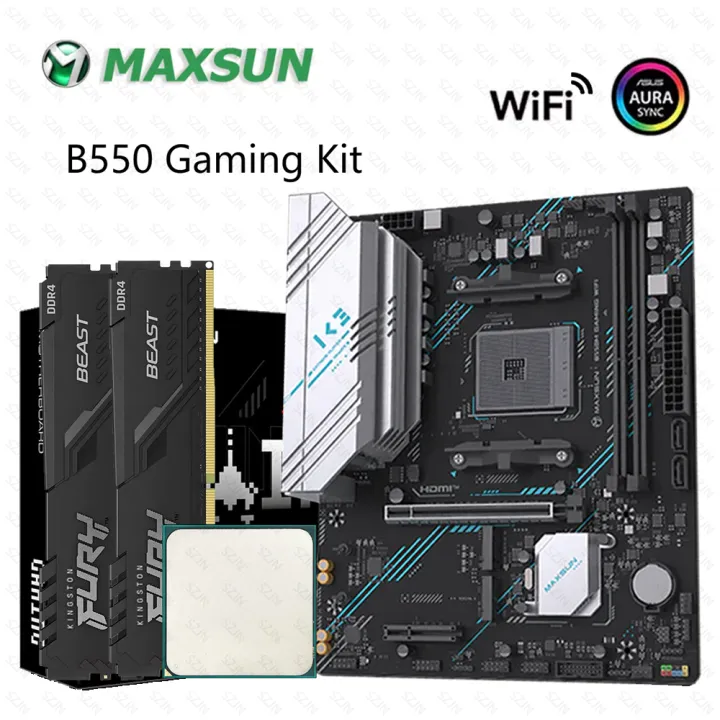 wafu | Maxsun B550 Gaming Motherboard Kit for AMD Ryzen 5000 CPU DDR4 3200MHz Onboard WiFi 2x M.2 NVMe 2x SATA3.0 AM4 PCIe 4.0 Pro