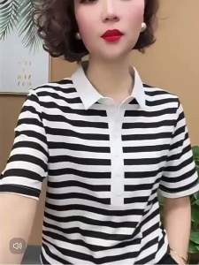 QIAOXIZI | New Style Striped T-shirt Polo Shirt Womens Plus Size Fashionable Tops
