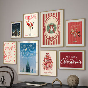 Trendy Christmas Tree Retro Santa Cocktail Poster Hello Winter Wishes Canvas Print Cozy Farmhouse Christmas Decor Seasonal Gift