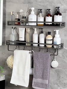 HOTUS ชั้นวางของห้องน้ำ ชั้นวางของในห้องน้ำ ติดผนัง ชั้นวางของห้องน้ำ อลูมิเนียม ชั้นวางเครื่องปรุง ไม่ต้องเจาะ