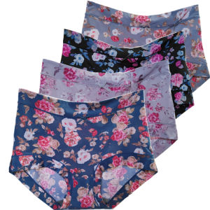 กางเกงชั้นในผ้าไหมน้ำแข็งสีสันสดใสเอวสูงสำหรับผู้หญิง กางเกงชั้นในผ้าไนลอนแห้งได้ ป้องกันแบคทีเรีย ขนาดใหญ่ 4 ชิ้น ลายดอกไม้