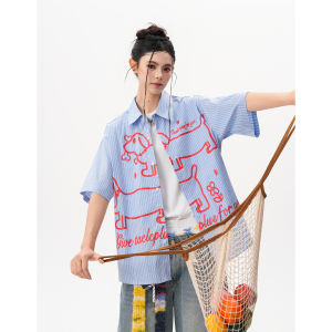 BWKA | Striped American Style Lazy Loose Letter Print Shirt