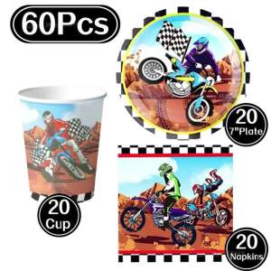 Hasbro | 60Pcs Dirt Bike Themed Disposable Tableware Set Paper Plates Cups Napkins for Boys Motorcycle Birthday Party Supplies Decoration