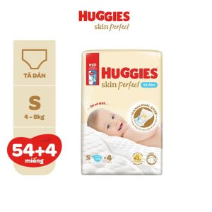 TÃ DÁN HUGGIES SKIN PERFECT MỚI NB70+4/S54+4/M46+3 VỚI HAI VÙNG THẤM GIẢM KÍCH ỨNG DA BÉ