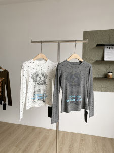 Áo Thun Nữ Dài Tay Cổ Tròn in Họa Tiết Thời Trang Công Sở Phong Cách Hàn Quốc Mùa Thu 2025 Áo Thun Polyester Thường Ngày