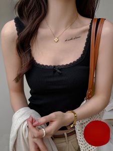 MiiOW | Áo ba lỗ ren cổ tròn thắt nơ nhỏ Áo lót nữ dáng ôm vừa vặn mặc một mảnh mùa xuân 2025 MiiOW Cat Person