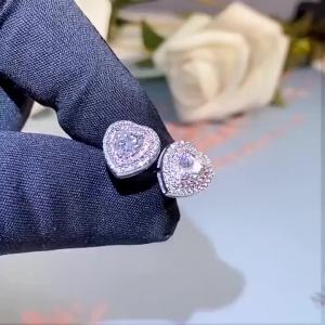 Pair of 925 Sterling Silver Heart-Shaped Moissanite Stud Earrings (0.5 Carat Fully Paved) – Romantic Two-Tone Design for Women