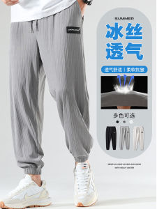 Mens Ice Silk Pants Loose Fit Ankle-Length Casual Trousers High Elasticity Quick Dry Pants for Youth in Various Colors