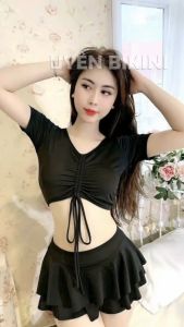 Bikini đi biển hai mảnh áo cộc tay rút dây phối chân váy xếp tầng hách dáng