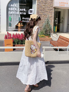 White French Style Loose Summer Long Dress with Fleece Sleeves Sweet Anti-Aging Holiday Womens Dress A-Line Silhouette Hollow out round Neck